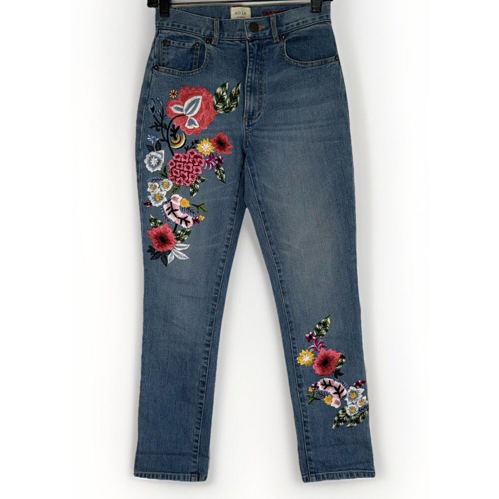 AO.LA Alice + Olivia Floral Embroidered High-Rise Boho Preppy Jeans Pants Sz 24